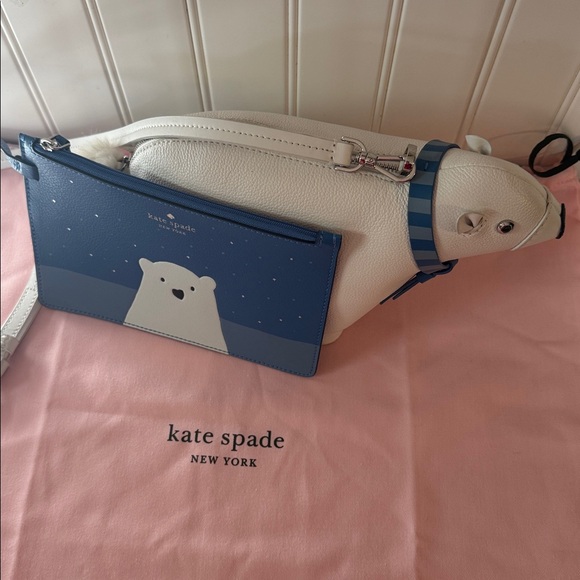 Kate Spade Blue and White Polar Bear Crossbody Bag with polar bear pouch & dusty - Picture 2 of 6